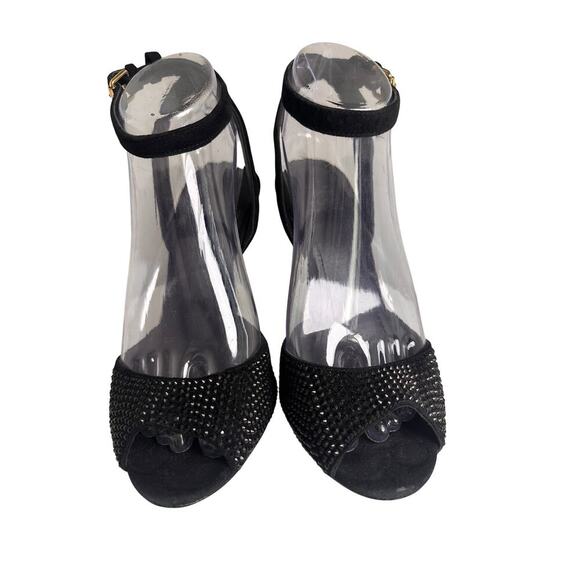 Tory Burch Black Suede Crystal Embellishments Wedge Sandals Sz 7 M Glam Mob Wife - Picture 12 of 16